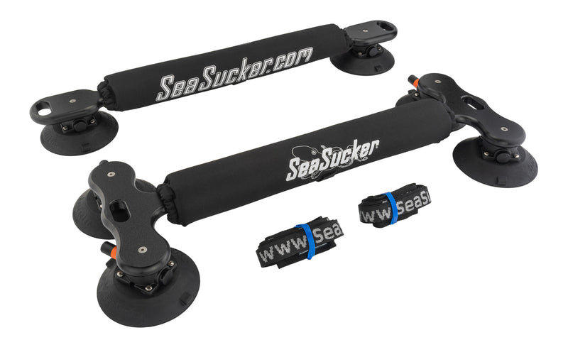 This board rack attaches to the roof of just about any car with super-strong 6″ SeaSucker vacuum cups. 