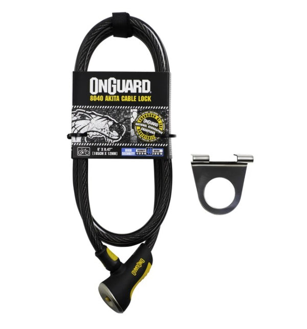 The Cable Anchor for your window comes with a sturdy OnGuard 8040 Akita cable lock. The plastic-coated cable is 12mm thick and 6' long.